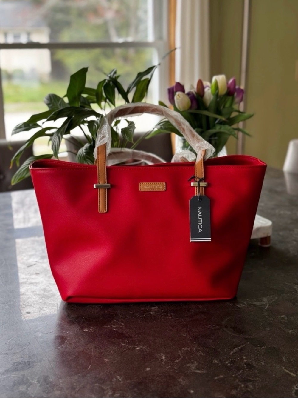 NWT Nautica Tote Bag - Bright Red with Tan Handles